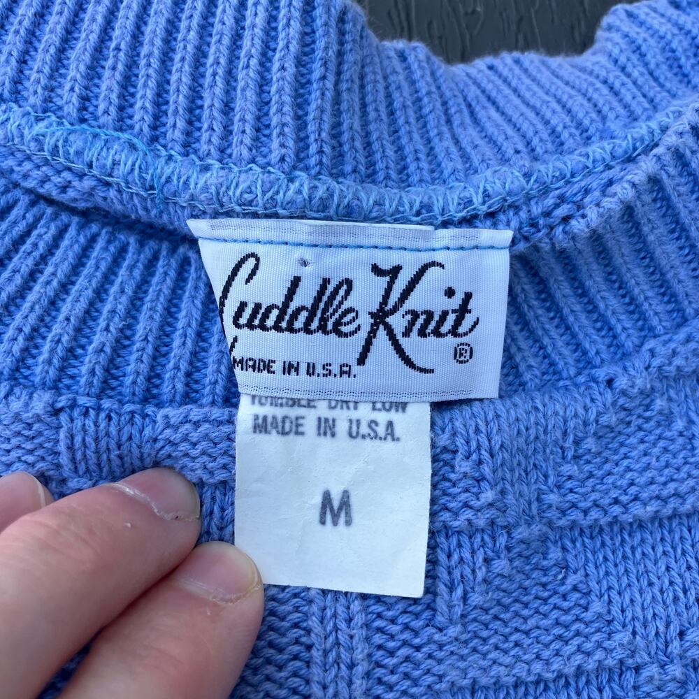 Blue cotton knit sweater short sleeves, vintage 70s twee preppy retro - Picture 6 of 7